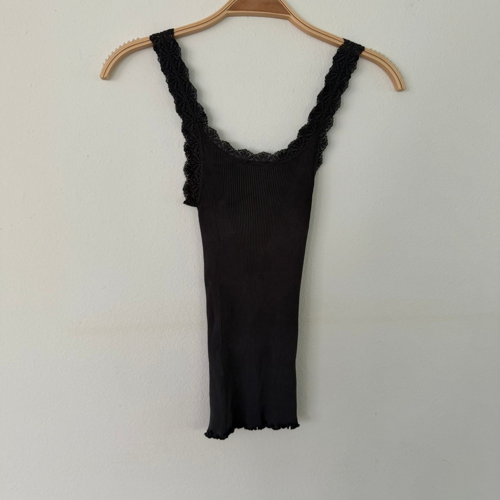 Eileen Fisher Womens XS Black 100% Silk Ribbed Lace Trim Camisole Tank Top - Picture 2 of 7